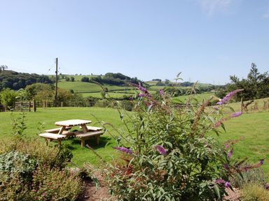 A garden with a wooden picnic table and purple flowers overlooking green hills at Surridge Farmhouse in Waterrow