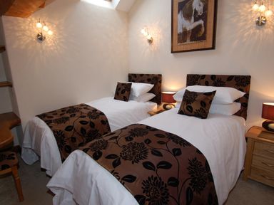 A bedroom with two single beds with patterned headboards and throws bedside tables with lamps and a horse painting on the wall at Hideaway in Tintagel