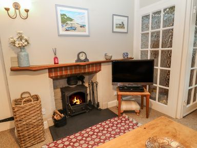 A corner with a wood burning stove fireplace a TV on a wooden table a wicker basket and framed paintings at Robyn Cottage in Otterton