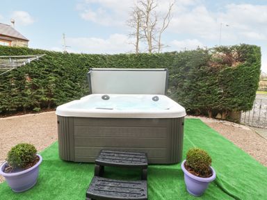 An outdoor hot tub with steps on green artificial grass surrounded by potted plants and hedges at Muriau Park in Caernarfon