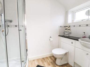 A bathroom with a glass enclosed shower toilet sink and countertop with a decorative sailboat at 7 Marina View in Pwllheli