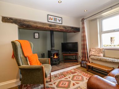 A living room with a green armchair and orange pillow next to a wood stove and television by a window with a bench seat at Trefollwyn Mawr in Abersoch