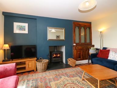 A living room with a fireplace a television and sofas at Trefollwyn Mawr in Abersoch