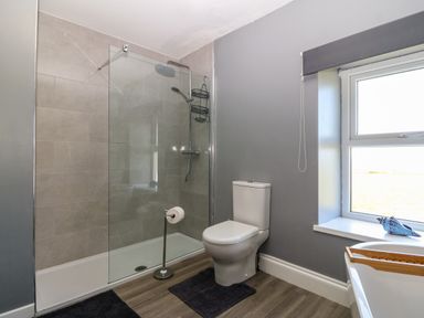A bathroom with a walk-in shower toilet and a window at Trefollwyn Mawr in Abersoch