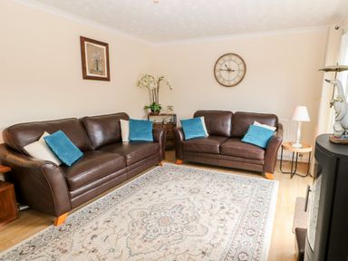 A living room with two brown leather sofas and blue cushions at 14 The Maltings in Rothbury