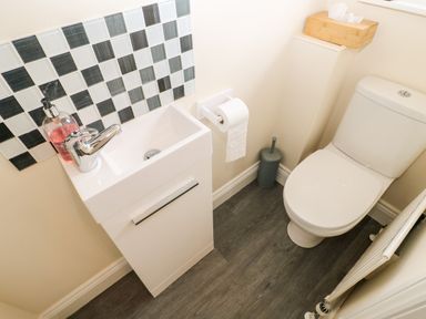 A small bathroom with a white sink and cabinet a toilet a toilet brush and a tissue box at 14 The Maltings in Rothbury