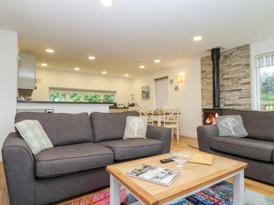 A living room with two gray sofas, a wooden coffee table, a fireplace, and a dining area at Beech in Truro