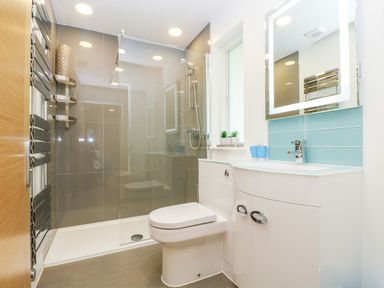 A bathroom with a shower area a toilet a vanity with sink and a mirror at Beech in Truro