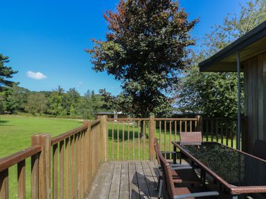A wooden outdoor deck with a glass table and four chairs overlooking a grassy area with trees at Beech in Truro