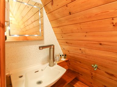 A bathroom sink with a modern faucet under a mirror and wooden panel walls at Rose Lodge in Milton on Stour