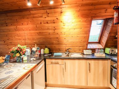 A kitchen with wooden cabinets a sink and a countertop with flowers and kitchen appliances at Rose Lodge in Milton on Stour