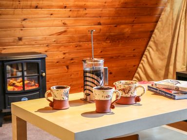 A table with a French press coffee maker three ceramic mugs and a stack of bird books in a room with wooden walls and a stove at Rose Lodge in Milton on Stour