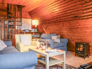 A wooden living room with blue and yellow armchairs a coffee table books and a small electric stove at Rose Lodge in Milton on Stour