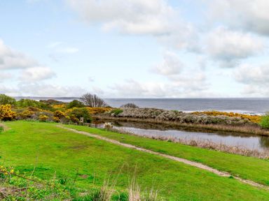 A grassy area with a path beside a pond and bushes with the sea and cloudy sky in the background at Dotty's Sunshine Cottage The Bay near Filey