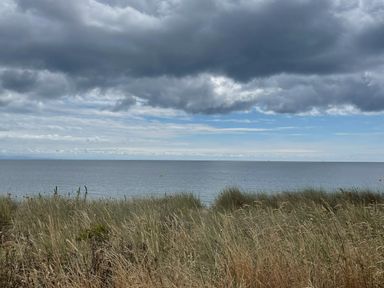 A coastal scene with grass in the foreground under a cloudy sky over the sea at Wavecrest Pwllheli