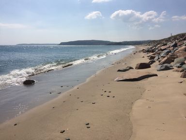 A sandy beach with small waves and scattered rocks along the shore at Wavecrest in Pwllheli
