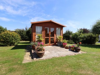 A wooden garden shed with glass doors and potted plants on a paved patio in a grassy yard at The Flat At Brwyn in Brynford