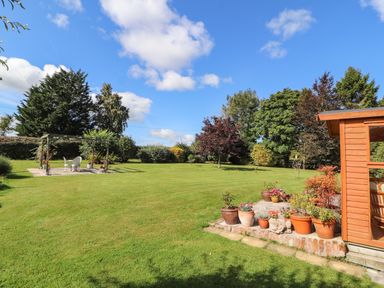 A garden with a grassy lawn and a wooden shed with flower pots on a stone base at The Flat At Brwyn in Brynford