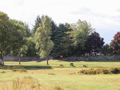A golf course hole with a red flag surrounded by trees and a stone wall at The Flat At Brwyn in Brynford