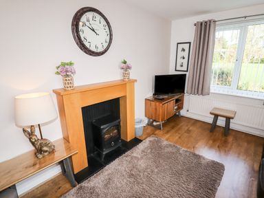 A living room with a fireplace clock TV rug and window at The Flat At Brwyn in Brynford