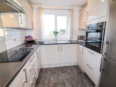 A kitchen with white cabinets a black countertop a built-in oven a toaster a stainless steel refrigerator and a window with curtains at The Flat At Brwyn in Brynford
