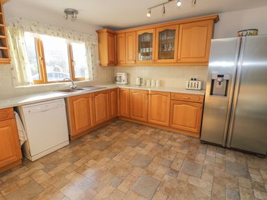 A kitchen with wooden cabinets a dishwasher a double sink a stainless steel refrigerator and small kitchen appliances at Awel Y Llan in Llanfair