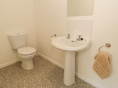 A bathroom with a toilet a pedestal sink a mirror and a towel hanging at Awel Y Llan in Llanfair
