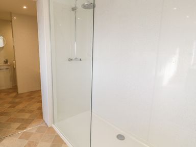 A bathroom with a walk-in shower and a sink visible in the background at Awel Y Llan in Llanfair