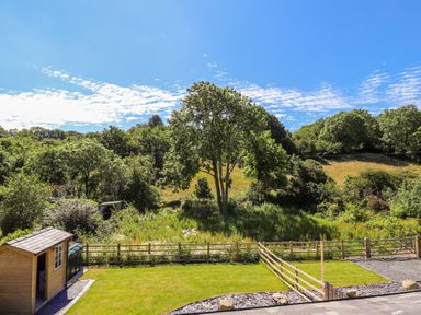 A backyard with a small wooden shed a fenced grassy area and trees in the background at Ffrwdd Galed Uchaf in Tregarth