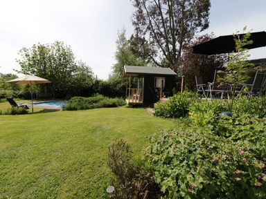 A garden with a small pool a wooden shed lawn chairs and umbrellas at Rhydygaled in Llanrhaeadr-Ym-Mochnant