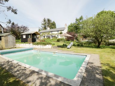 An outdoor swimming pool with a stone patio in front of a two-story house with garden and trees at Rhydygaled in Llanrhaeadr-Ym-Mochnant