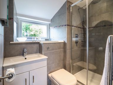 A bathroom with a sink cabinet toilet window and glass shower enclosure at Rhydygaled in Llanrhaeadr-Ym-Mochnant