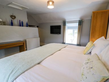 A bedroom with a bed two pillows a wooden wardrobe a wall-mounted TV a window with curtains and blue decorative bottles Rhydygaled in Llanrhaeadr-Ym-Mochnant
