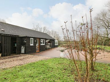 An exterior view of a black wooden building with a tiled roof beside a paved driveway and green lawn at The Annex in Royal Wootton Bassett
