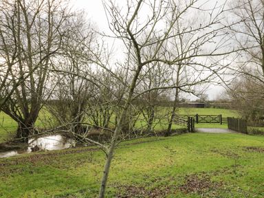 A grassy outdoor area with trees near a small stream and a wooden gate at The Annex in Royal Wootton Bassett