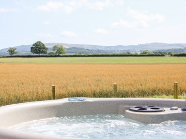 A hot tub with water and controls overlooking a field and distant hills at Withy Willows in Diddlebury near Ludlow