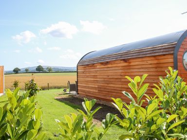 A wooden pod with outdoor chairs on grass and fields in the background at Withy Willows in Diddlebury near Ludlow