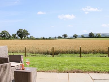 An outdoor seating area with a table holding a bottle and glasses overlooking a field with trees and hills at Withy Willows in Diddlebury near Ludlow
