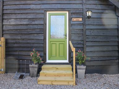 A green door with frosted glass on a wooden lodge with steps and two potted plants at Woodpecker Lodge in Henley near Langport