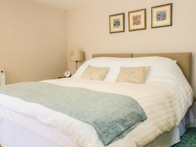 A bedroom with a bed two pillows a blue blanket a bedside table with a lamp and clock and three pictures on the wall at Woodpecker Lodge Henley near Langport