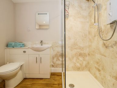 A bathroom with a toilet sink cabinet mirror and a shower with tiled walls at Woodpecker Lodge in Henley near Langport