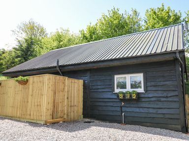 Exterior of a black wooden building with a metal roof and a fenced enclosure surrounded by trees at Woodpecker Lodge in Henley near Langport