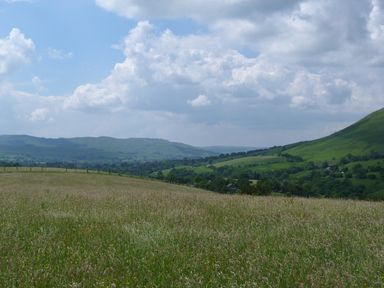 A grassy field with hills and trees under a cloudy sky in Sedbergh