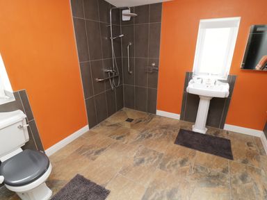 A bathroom with orange walls a toilet a pedestal sink a walk-in shower with dark tiles and two dark rugs on the floor at Knott Lodge in Sedbergh