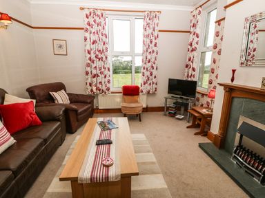 A living room with leather sofas a coffee table a television and a fireplace at Dinas Farmhouse Annex in Caernarfon
