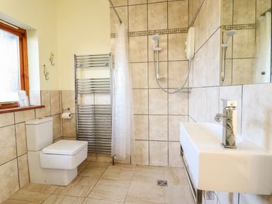 A bathroom with a toilet sink shower and towel rail at Dehangfa Fairbourne