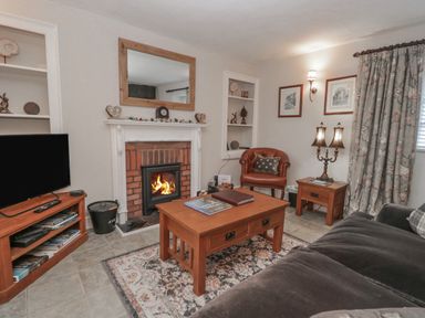 A living room with a fireplace television sofa armchair coffee table and a lamp at Kirkstone Cottage in Ambleside