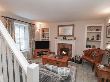 A living room with a fireplace a TV on a corner table a brown armchair and shelving at Kirkstone Cottage in Ambleside