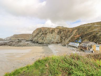 A rocky beach with cliffs buildings and grassy foreground at Manege Cottage Near St Agnes