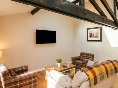 A living room with a wall-mounted TV, two plaid armchairs, a beige sofa with a striped throw, a wooden coffee table with magazines and a vase of flowers, and a framed painting on the wall at Zeal Cottage in Crediton